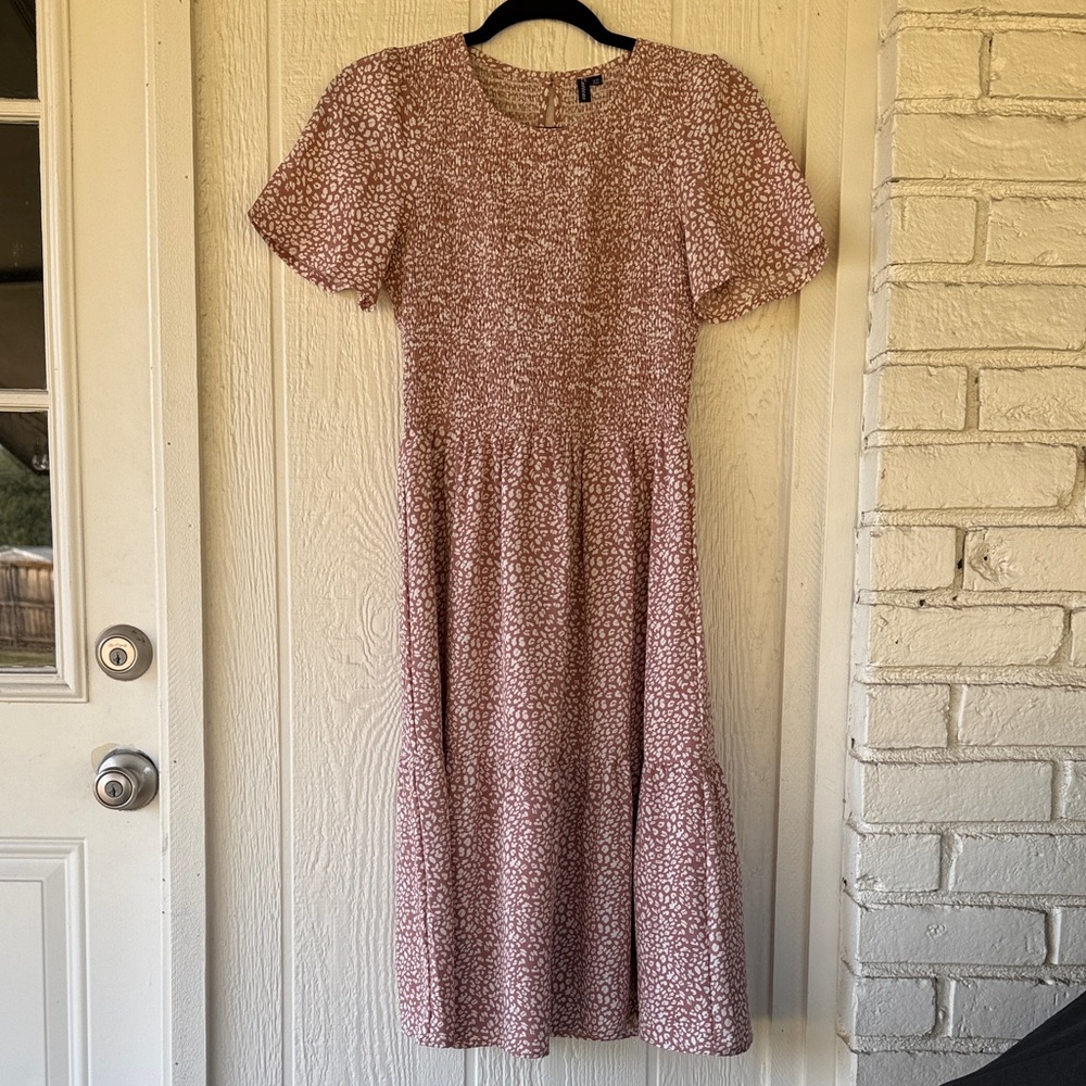 Pink and white smocked midi dress